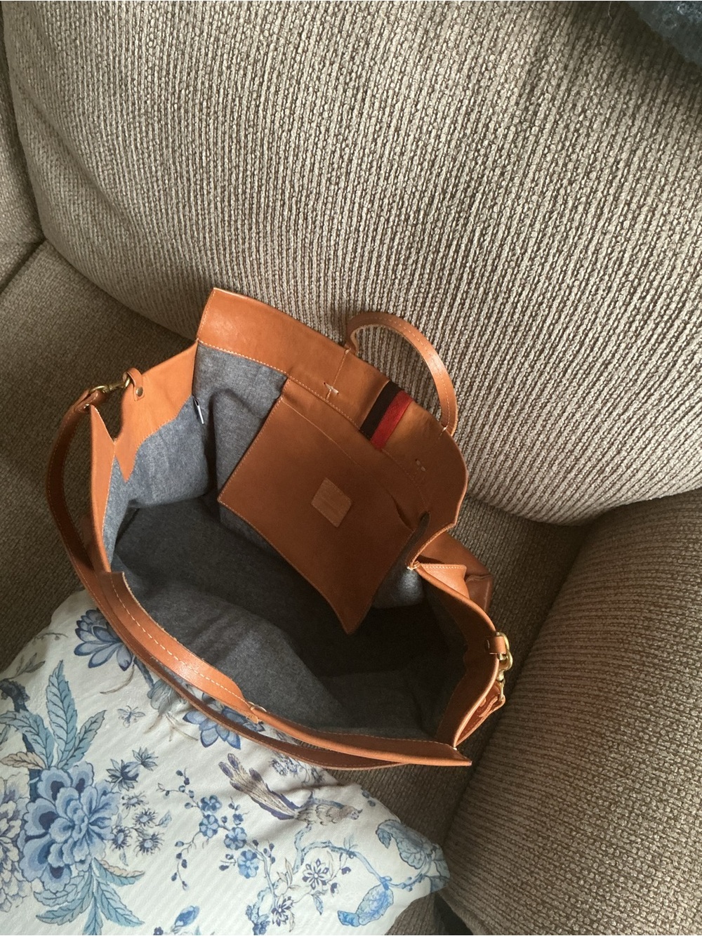 Clare V Tan Leather Tote with Red and Brown Stripe - Picture 3 of 12